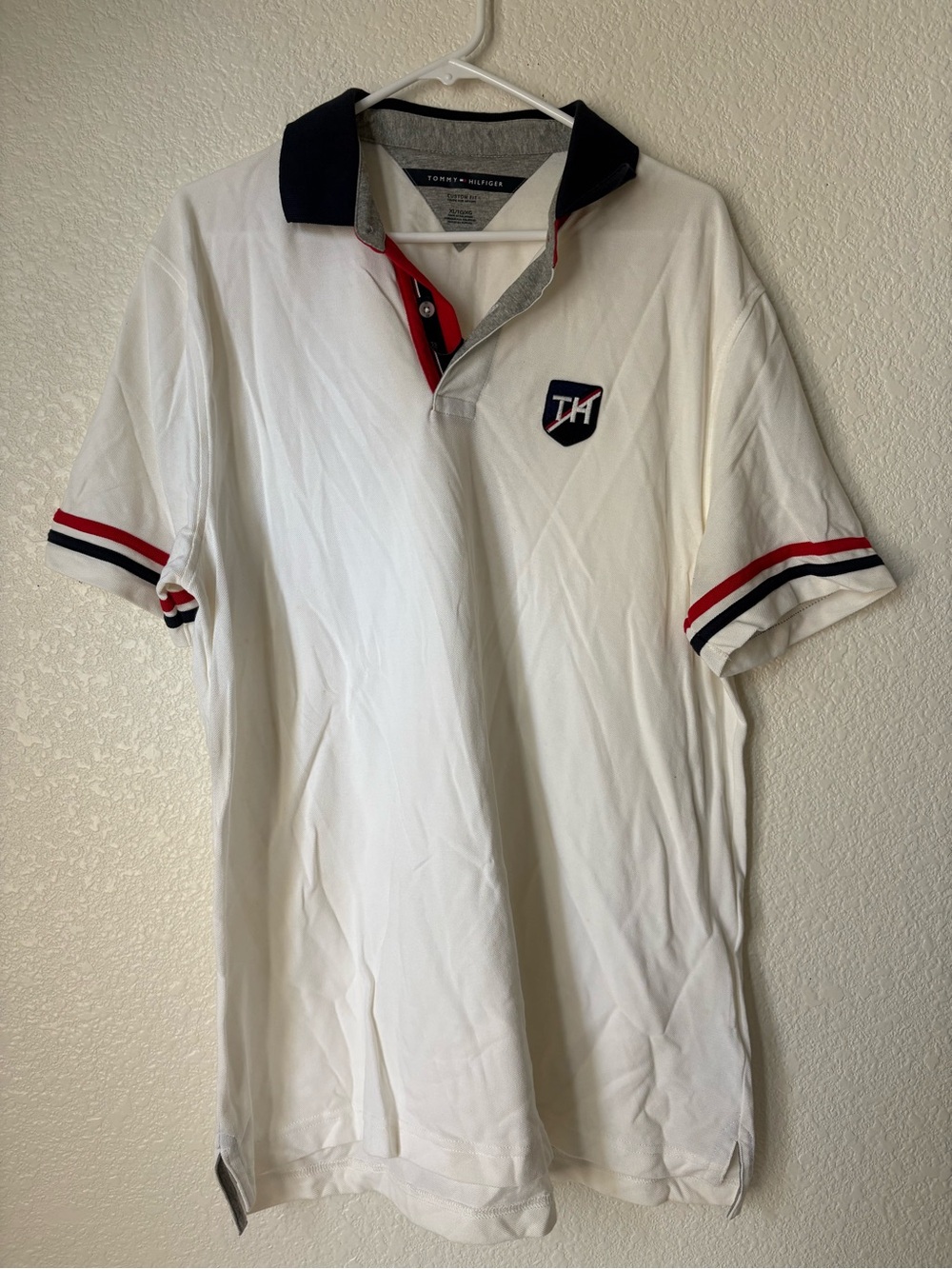 Tommy Hilfiger White Polo with Navy Collar and Red Trim - Picture 1 of 11